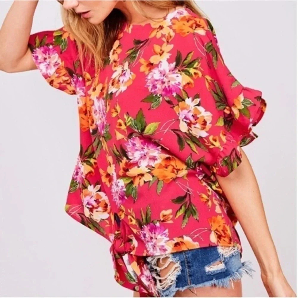 Floral Tie-Hem Women's Top in Hot Pink - Unbranded
